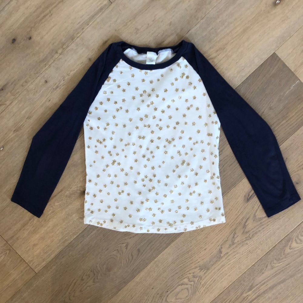 Crewcuts Baseball-Style Long Sleeved White and Navy Tee w/ Gold Stars, Girls 12